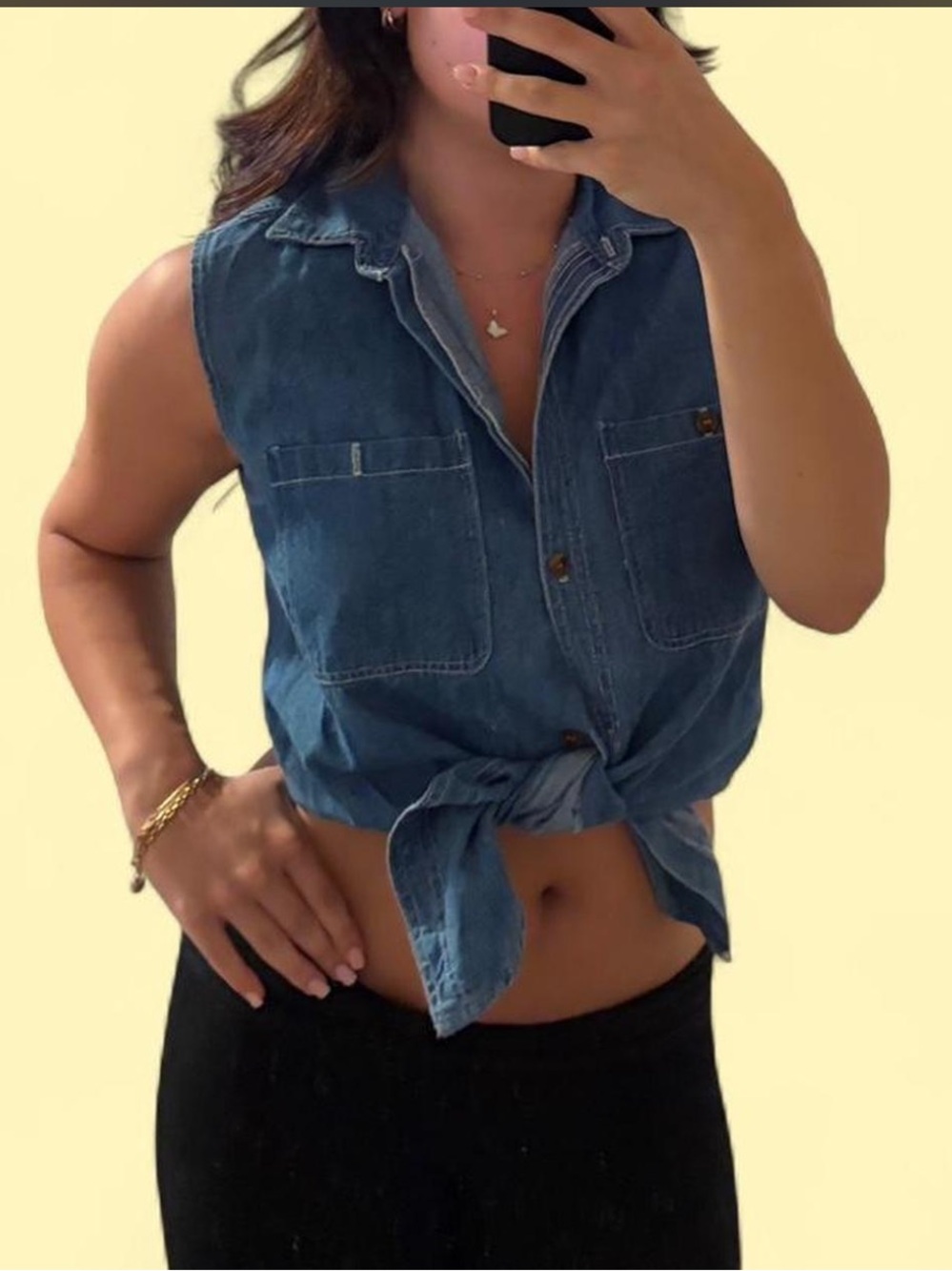 Vintage Sleeveless Tie-Front Denim Shirt - Blue